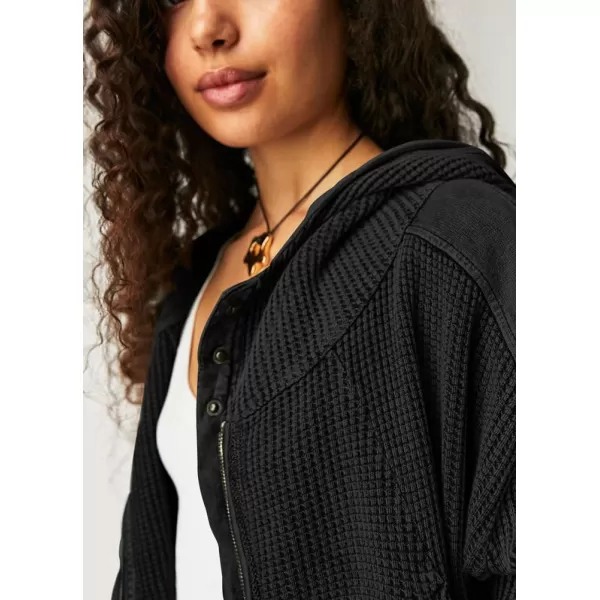 imagechouyatou Womens Oversized Hooded Sweatshirt Y2K Boyfriend Waffle Knit Zip Up Hoodie Jacket ShacketsBlack