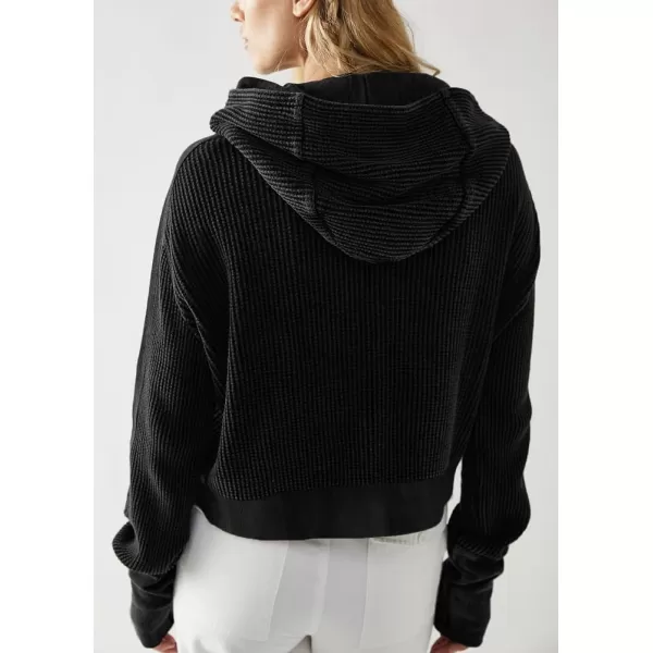 imagechouyatou Womens Oversized Hooded Sweatshirt Y2K Boyfriend Waffle Knit Zip Up Hoodie Jacket ShacketsBlack