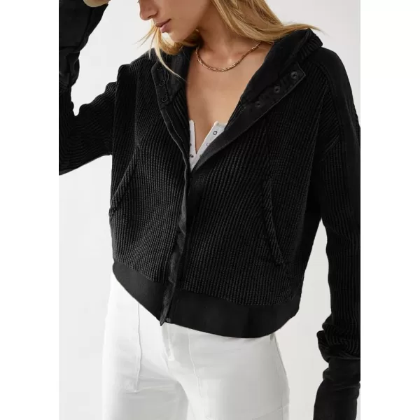 imagechouyatou Womens Oversized Hooded Sweatshirt Y2K Boyfriend Waffle Knit Zip Up Hoodie Jacket ShacketsBlack