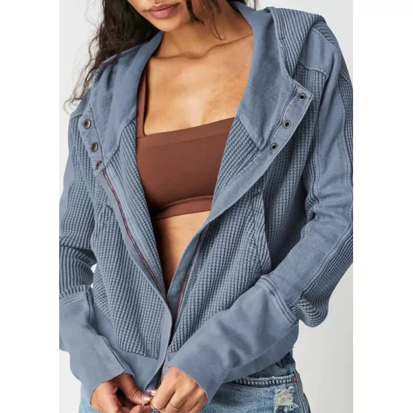 imagechouyatou Womens Oversized Hooded Sweatshirt Y2K Boyfriend Waffle Knit Zip Up Hoodie Jacket ShacketsBlue