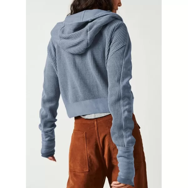 imagechouyatou Womens Oversized Hooded Sweatshirt Y2K Boyfriend Waffle Knit Zip Up Hoodie Jacket ShacketsBlue