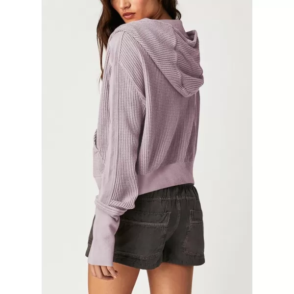 imagechouyatou Womens Oversized Hooded Sweatshirt Y2K Boyfriend Waffle Knit Zip Up Hoodie Jacket ShacketsLight Purple