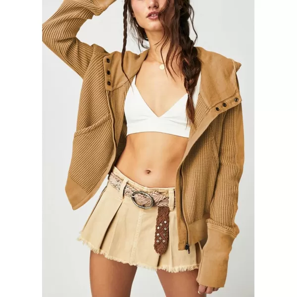 imagechouyatou Womens Oversized Hooded Sweatshirt Y2K Boyfriend Waffle Knit Zip Up Hoodie Jacket ShacketsTan