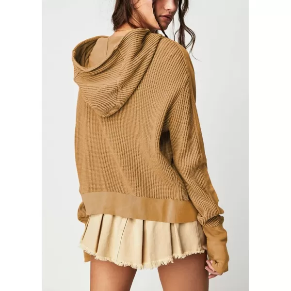 imagechouyatou Womens Oversized Hooded Sweatshirt Y2K Boyfriend Waffle Knit Zip Up Hoodie Jacket ShacketsTan