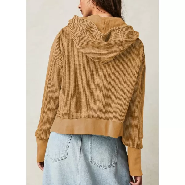 imagechouyatou Womens Oversized Hooded Sweatshirt Y2K Boyfriend Waffle Knit Zip Up Hoodie Jacket ShacketsTan