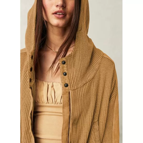 imagechouyatou Womens Oversized Hooded Sweatshirt Y2K Boyfriend Waffle Knit Zip Up Hoodie Jacket ShacketsTan