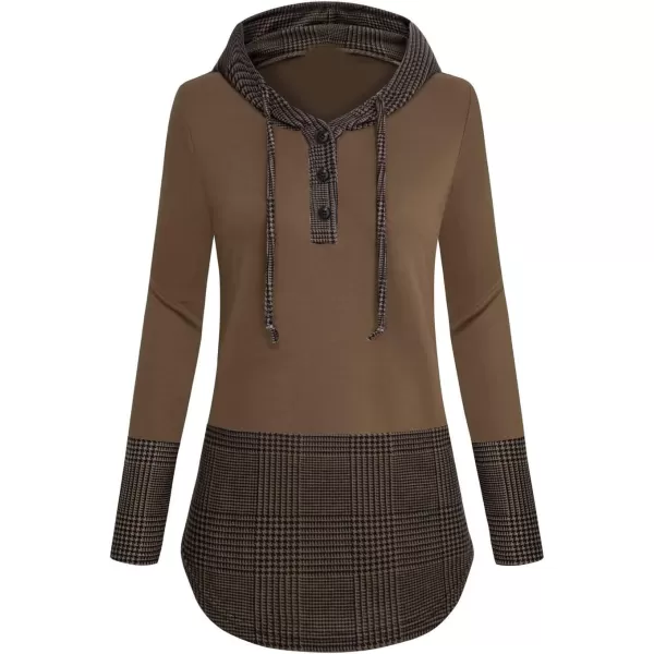 imagechouyatou Womens Retro Plaid Print Drawstring Hood Pullover Sweatshirt Hoodie TopsCoffee Brown