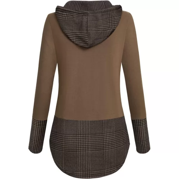 imagechouyatou Womens Retro Plaid Print Drawstring Hood Pullover Sweatshirt Hoodie TopsCoffee Brown