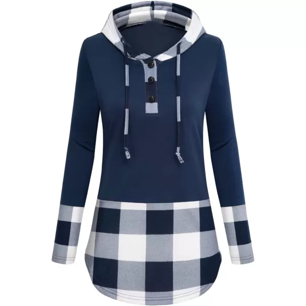 imagechouyatou Womens Retro Plaid Print Drawstring Hood Pullover Sweatshirt Hoodie TopsNavy Blue
