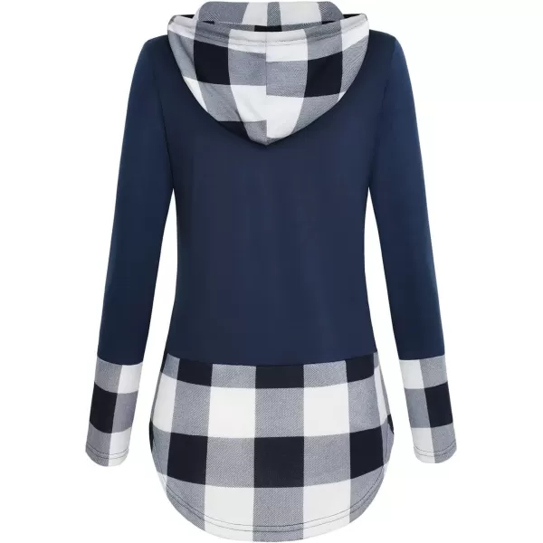 imagechouyatou Womens Retro Plaid Print Drawstring Hood Pullover Sweatshirt Hoodie TopsNavy Blue