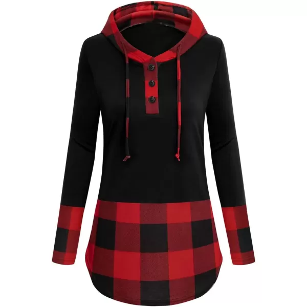 imagechouyatou Womens Retro Plaid Print Drawstring Hood Pullover Sweatshirt Hoodie TopsRed and Black