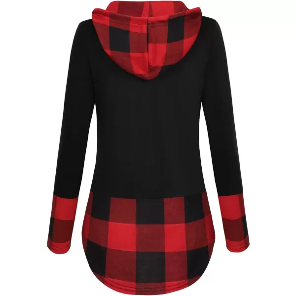 imagechouyatou Womens Retro Plaid Print Drawstring Hood Pullover Sweatshirt Hoodie TopsRed and Black