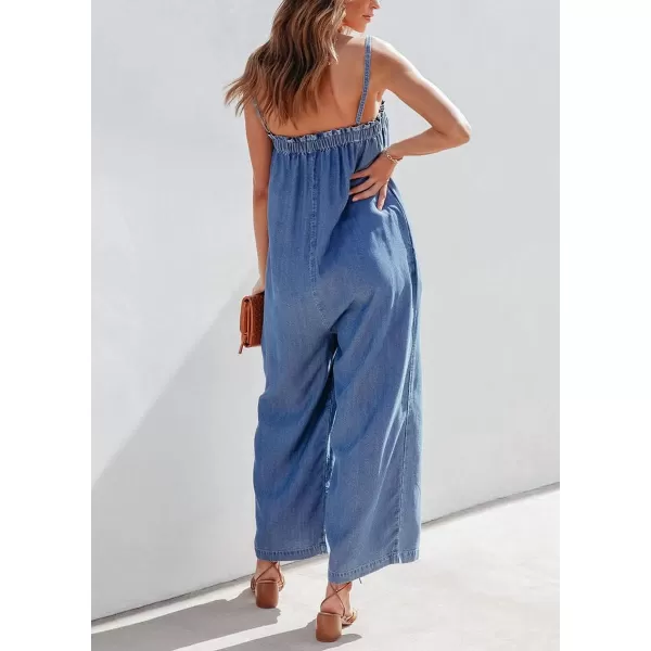 imagechouyatou Womens Summer Boho Spaghetti Strap Sleeveless Denim Jumpsuits Wide Leg Jean Jumpsuit Pants RomperBlue