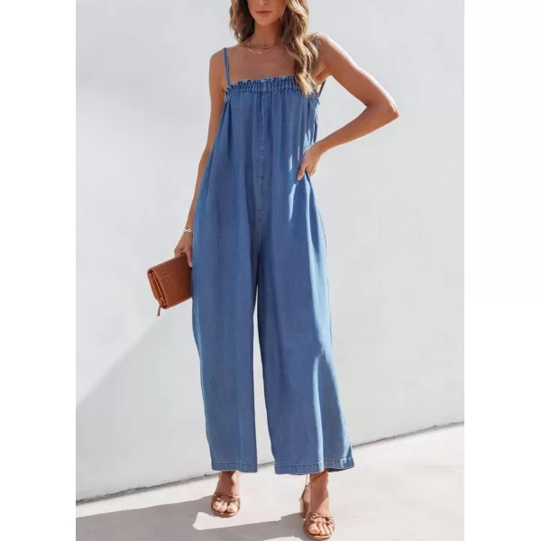 imagechouyatou Womens Summer Boho Spaghetti Strap Sleeveless Denim Jumpsuits Wide Leg Jean Jumpsuit Pants RomperBlue
