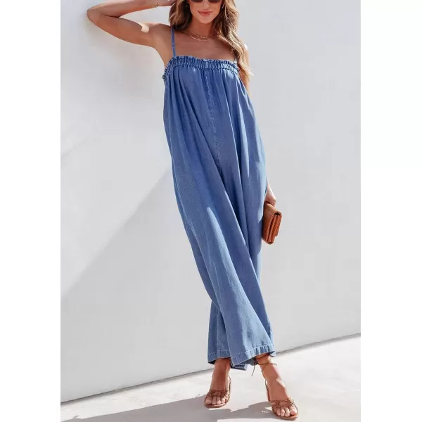 imagechouyatou Womens Summer Boho Spaghetti Strap Sleeveless Denim Jumpsuits Wide Leg Jean Jumpsuit Pants RomperBlue
