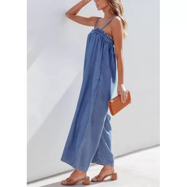 imagechouyatou Womens Summer Boho Spaghetti Strap Sleeveless Denim Jumpsuits Wide Leg Jean Jumpsuit Pants RomperBlue