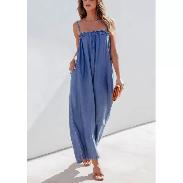 imagechouyatou Womens Summer Boho Spaghetti Strap Sleeveless Denim Jumpsuits Wide Leg Jean Jumpsuit Pants RomperBlue