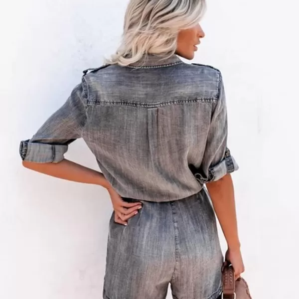 imagechouyatou Womens Summer RollUp Sleeve Drawstring Waist Utility Denim Romper Shorts JumpsuitDark Grey