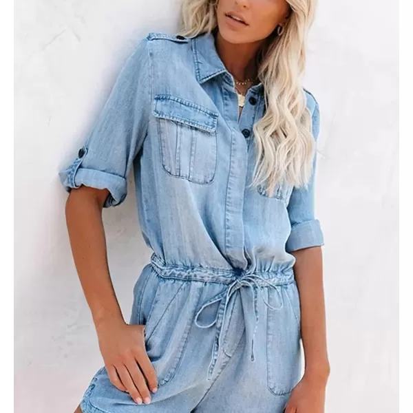 imagechouyatou Womens Summer RollUp Sleeve Drawstring Waist Utility Denim Romper Shorts JumpsuitLight Blue