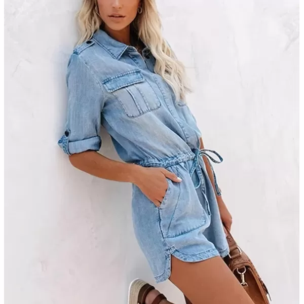 imagechouyatou Womens Summer RollUp Sleeve Drawstring Waist Utility Denim Romper Shorts JumpsuitLight Blue