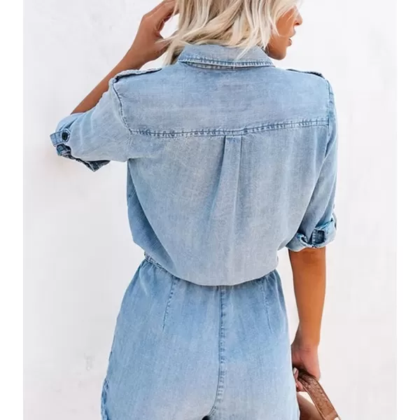 imagechouyatou Womens Summer RollUp Sleeve Drawstring Waist Utility Denim Romper Shorts JumpsuitLight Blue