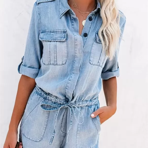 imagechouyatou Womens Summer RollUp Sleeve Drawstring Waist Utility Denim Romper Shorts JumpsuitLight Blue