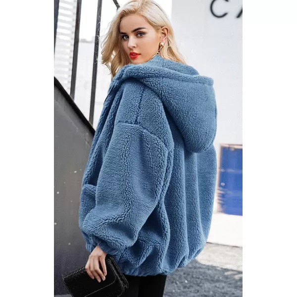 imagechouyatou Womens Winter Hooded Full Zip Fuzzy Faux Shearling Baggy Oversized Teddy Coat with PocketBlue