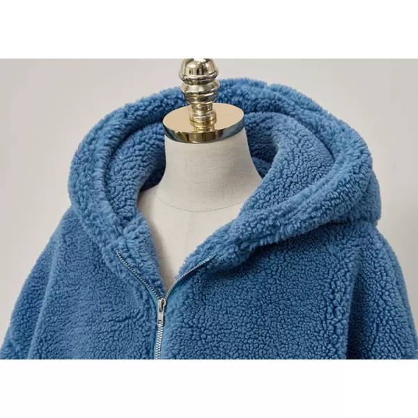 imagechouyatou Womens Winter Hooded Full Zip Fuzzy Faux Shearling Baggy Oversized Teddy Coat with PocketBlue