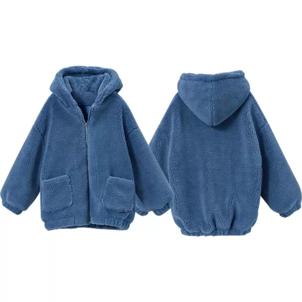 imagechouyatou Womens Winter Hooded Full Zip Fuzzy Faux Shearling Baggy Oversized Teddy Coat with PocketBlue