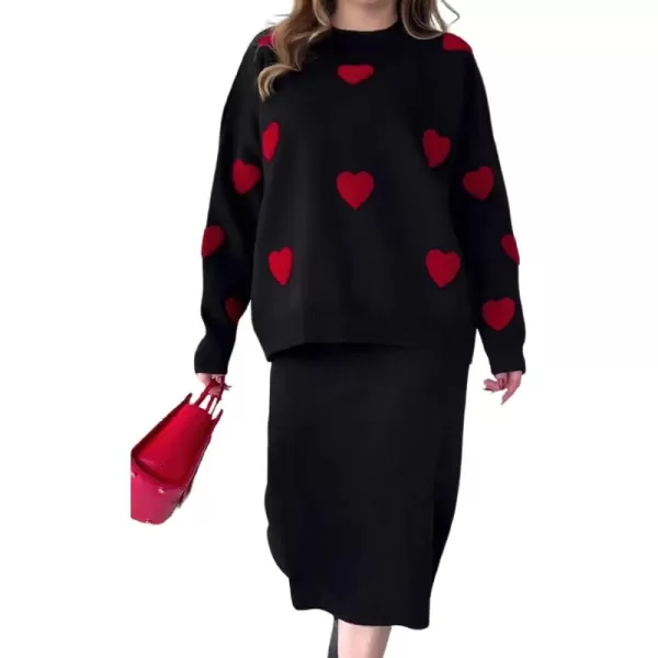 imagechouyatou Women 2 Piece Sweater Skirt Sets Floral Heart Ribbed Knit Sweater Top Bodycon Midi Skirt OutfitsBlack