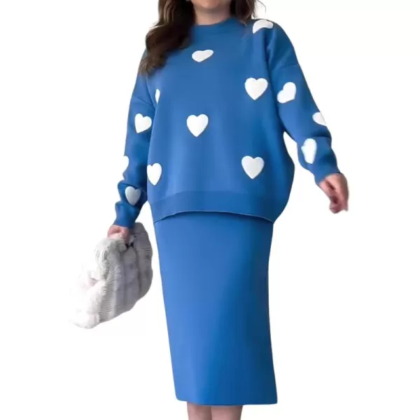 imagechouyatou Women 2 Piece Sweater Skirt Sets Floral Heart Ribbed Knit Sweater Top Bodycon Midi Skirt OutfitsBlue