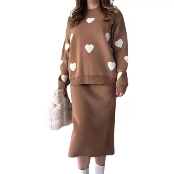 imagechouyatou Women 2 Piece Sweater Skirt Sets Floral Heart Ribbed Knit Sweater Top Bodycon Midi Skirt OutfitsBrown