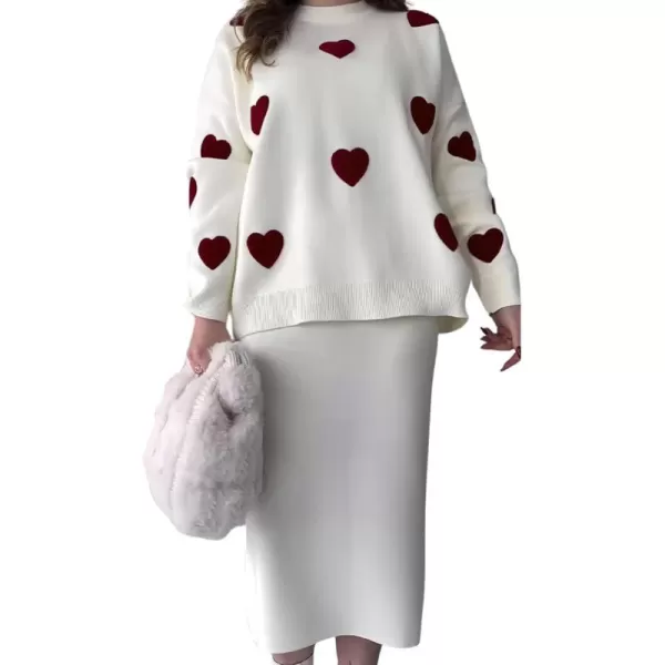 imagechouyatou Women 2 Piece Sweater Skirt Sets Floral Heart Ribbed Knit Sweater Top Bodycon Midi Skirt OutfitsWhite Red