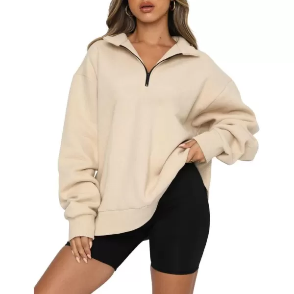 imagechouyatou Womens 14 Zip Up Oversized Hoodies Casual Long Sleeve Pullover Sweatshirt TopsApricot