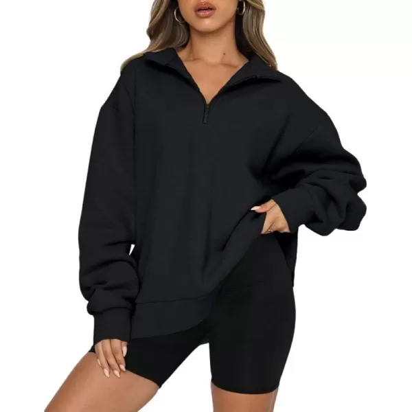 imagechouyatou Womens 14 Zip Up Oversized Hoodies Casual Long Sleeve Pullover Sweatshirt TopsBlack