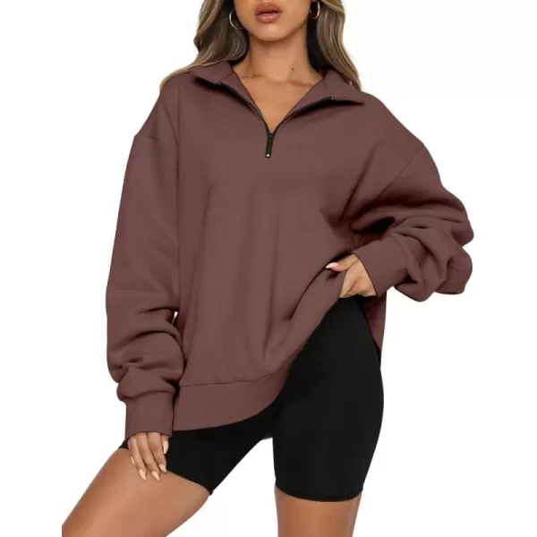 imagechouyatou Womens 14 Zip Up Oversized Hoodies Casual Long Sleeve Pullover Sweatshirt TopsCoffee