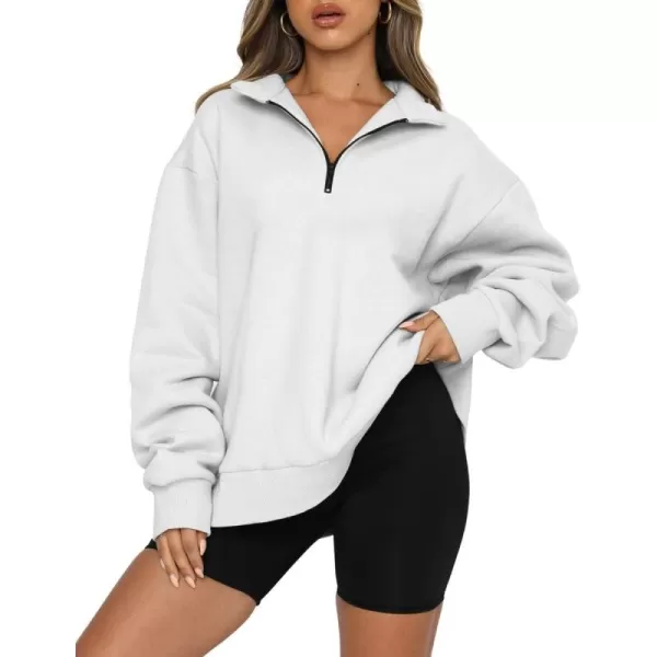 imagechouyatou Womens 14 Zip Up Oversized Hoodies Casual Long Sleeve Pullover Sweatshirt TopsWhite