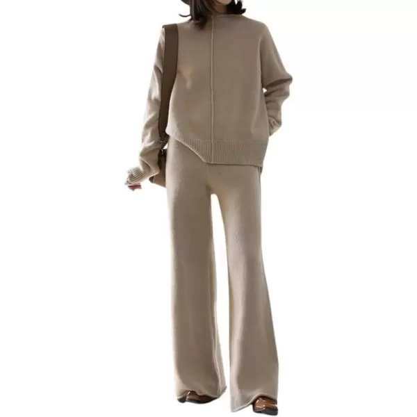 imagechouyatou Womens 2 Piece Outfits Knit Sweatsuit Mock Neck Sweater Top Wide Leg Pants SetApricot