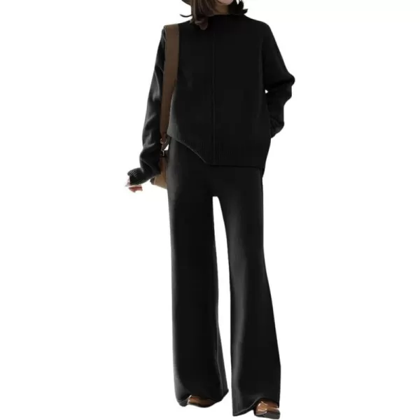 imagechouyatou Womens 2 Piece Outfits Knit Sweatsuit Mock Neck Sweater Top Wide Leg Pants SetBlack