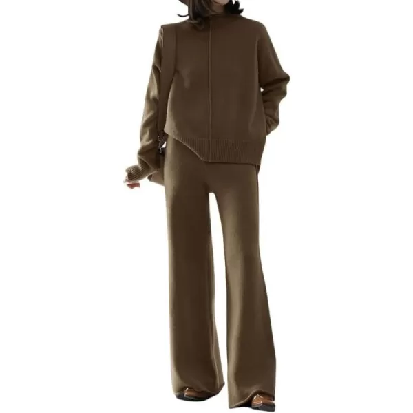 imagechouyatou Womens 2 Piece Outfits Knit Sweatsuit Mock Neck Sweater Top Wide Leg Pants SetCoffee