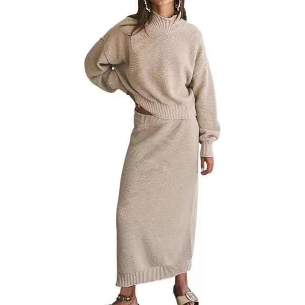 imagechouyatou Womens Casual 2 Piece Knit Sets Mock Neck Sweater Maxi Bodycon Skirt Two Piece Fall OutfitsApricot