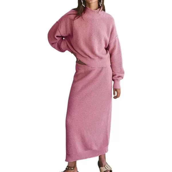 imagechouyatou Womens Casual 2 Piece Knit Sets Mock Neck Sweater Maxi Bodycon Skirt Two Piece Fall OutfitsPink