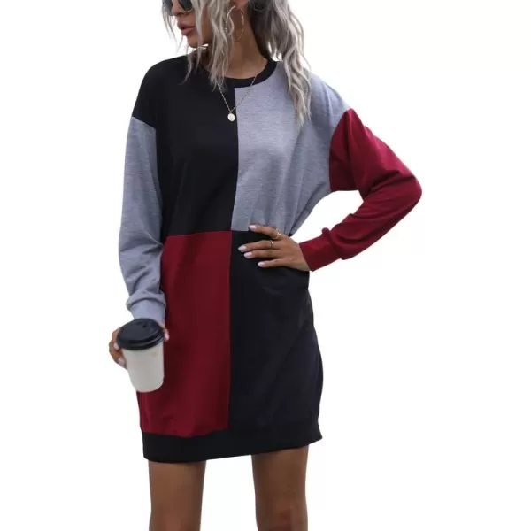 imagechouyatou Womens Casual Crewneck Color Block Long Sleeve Pullover Sweatshirt Mini DressGray Red