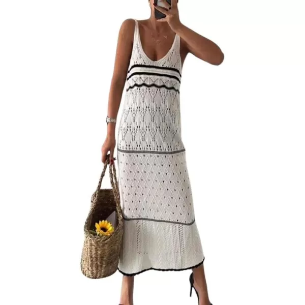 imagechouyatou Womens Color Block Striped Crochet Maxi Dress Sexy Hollow Out Beach Cover Ups Long Tank DressBeige White