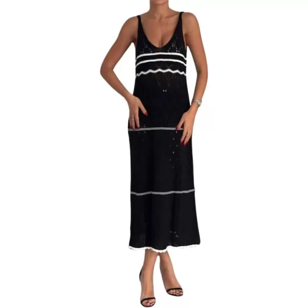 imagechouyatou Womens Color Block Striped Crochet Maxi Dress Sexy Hollow Out Beach Cover Ups Long Tank DressBlack