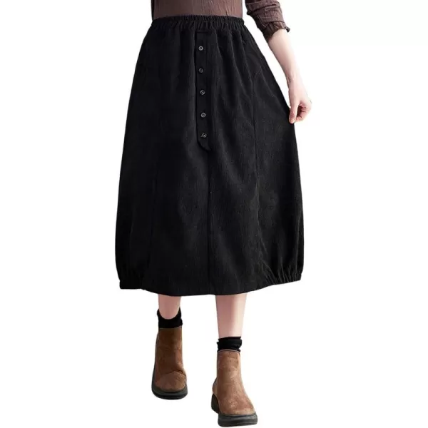 imagechouyatou Womens Elastic Waist Vintage Corduroy Skirt Button ALine Swing Midi Long Skirt with PocketsBlack