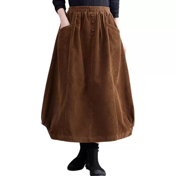 imagechouyatou Womens Elastic Waist Vintage Corduroy Skirt Button ALine Swing Midi Long Skirt with PocketsBrown