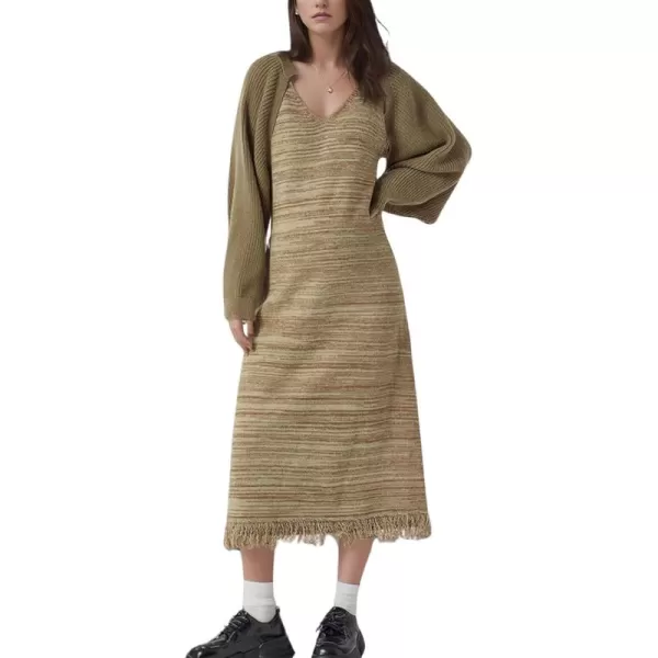 imagechouyatou Womens Fall 2 Piece Outfits Cardigan Sweater Sets Crop Bolero Shrug Midi Sleeveless Sweater DressKhaki