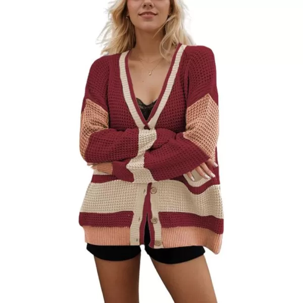 imagechouyatou Womens Fall Color Block Oversized Cardigan Sweater VNeck Button Down Knit Cardigan JacketRed