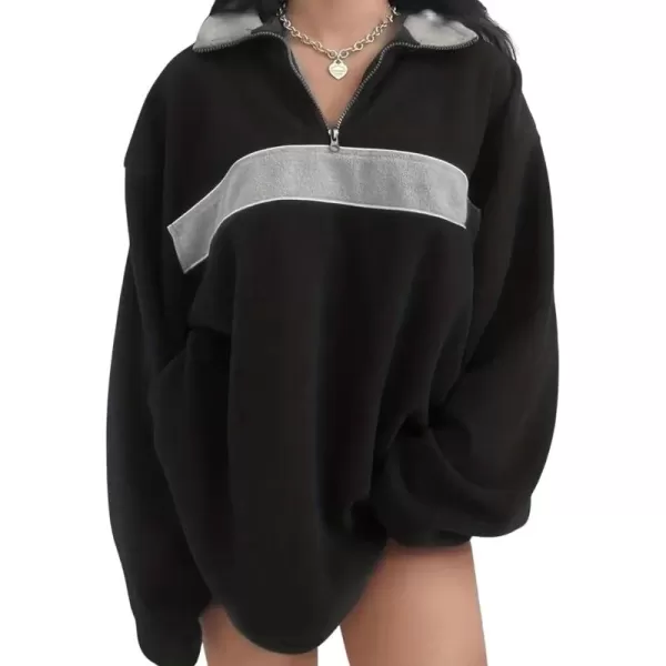 imagechouyatou Womens Fall Half Zip Oversized Sweatshirt Fleece Contrast Color Casual Boyfriend Y2K HoodieBlack